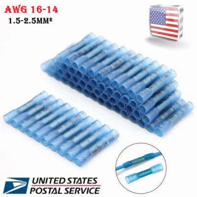 200/500PCS Blue Heat Shrink Butt Wire Connectors Crimp Terminals AWG 16-14 Gauge - Image 1 of 4