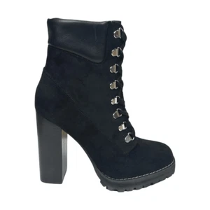 Madden Girl Black Faux Suede Train High Heeled Booties Sz 8 Lug Sole Block Heel - Picture 1 of 10