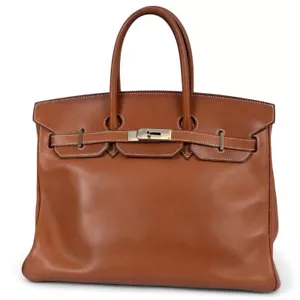 69905 auth HERMES Fauve cognac Barenia leather BIRKIN 35 Bag PHW - Picture 1 of 8