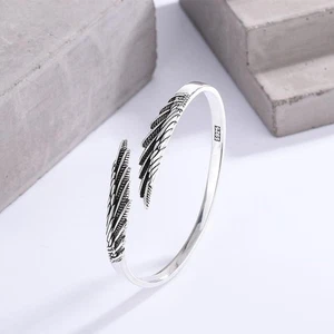 Retro Feather 925 Sterling Silver Open Bracelet, Thai Style Trendy Wings Design - Picture 1 of 24