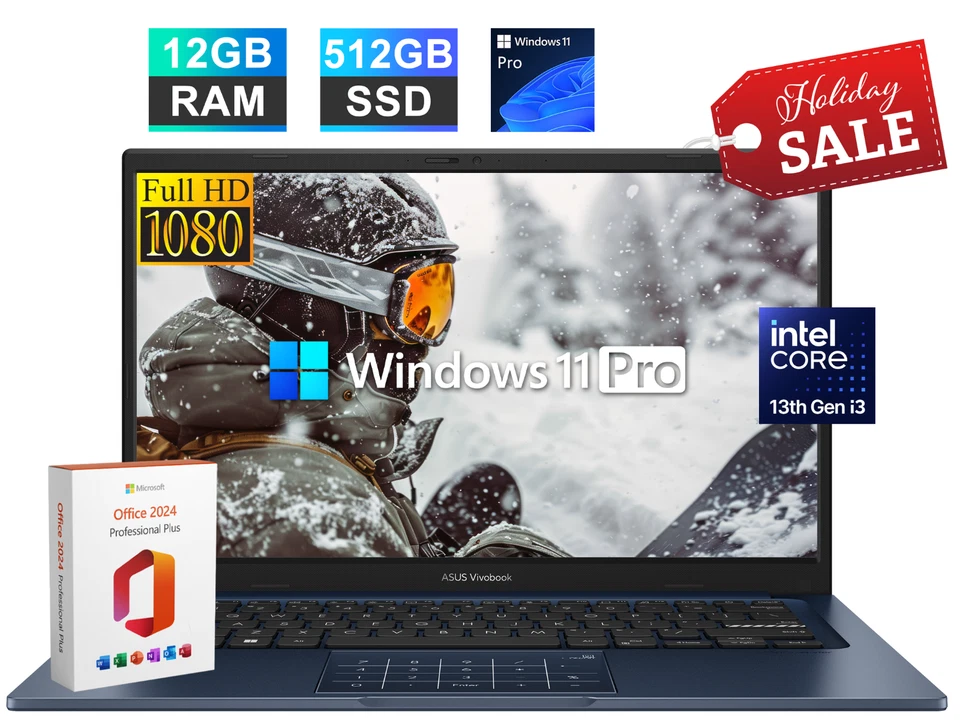 2025 ASUS Vivobook 14" FHD Laptop 13th Gen Intel i3 12GB RAM 512GB SSD Win 11Pro - Image 1 of 4