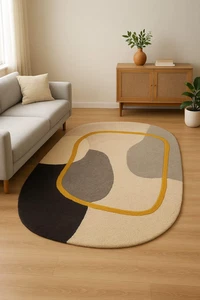 Hand-Tufted Carpet, Neutral Beige Gray Black Mustard Yellow, Soft Minimalist - Picture 1 of 6