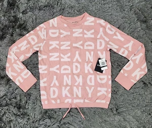 DKNY Sweatshirt Girls Large (12) Pink All Over Print Logo Pullover Drawstring - Picture 1 of 15