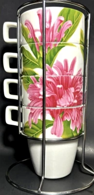 De colección Diseño Flor Rosa Apilable 4 piezas Tazas Anidación Tazas Metal Soporte Foto 1 de 4