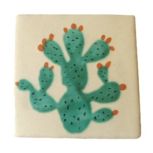 Cactus Handpainted Talavera Terracotta Creamy White Clay Glazed Tiles Mexico 4" - Picture 1 of 3