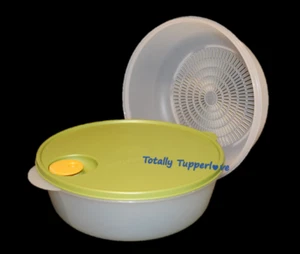 Tupperware CrystalWave 3 qt. Large Round w/ Colander Microwave Safe Green Yellow - Picture 1 of 2