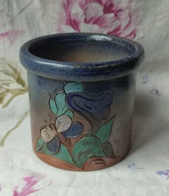 ANCIEN POT À CONFITURE EN GRÈS POTERIE DES MOTTES DÉCOR FLEUR PAPILLON  - Photo 1/4