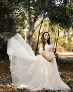 Maternity Off Shoulder Chiffon Gown Photography Maxi Dress for Photoshoot Dress - Picture 1 of 14