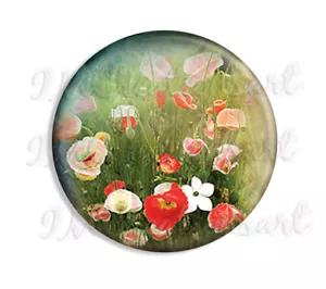 Poppy Field Nature Blossoms Garden Handmade Pocket Mirror, Magnet or Pin 2.25" - Picture 1 of 4