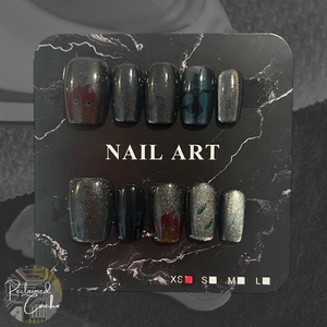 Shimmery Black/Dark Gray Cartoon Short Square Nails - Size Extra Small (XS) - Picture 1 of 2