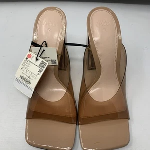 Zara Women’s Vinyl Sandals Methacrylate Heel 3329/911 Size 9 Tan Clear Open Toe - Picture 1 of 7