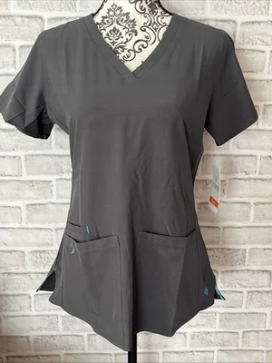 全新带标签 MED COUTURE Energy Pewter/Gray 套衫 V 领磨砂上衣带口袋,尺寸 S — 第 1/4 张图片