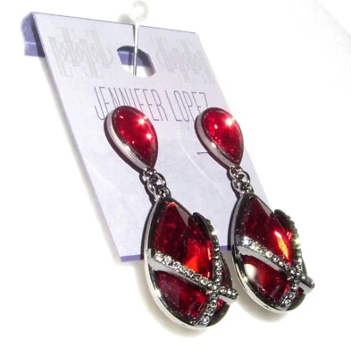 Nuevos Pendientes JENNIFER LOPEZ Plata Rojo Brillante Estrás CRISTAL COLGANTE JLO Foto 1 de 4