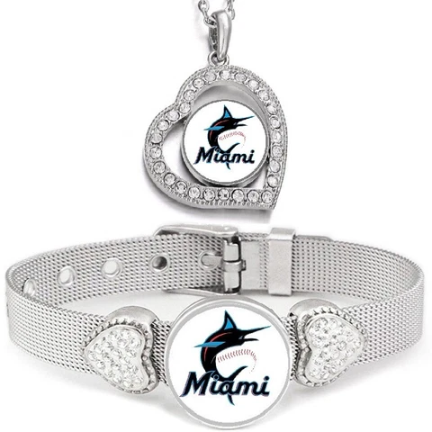 2 PcSet Miami Marlins Womens Sterling Silver Necklace With Bracelet Cover