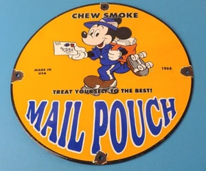 Vintage Mail Pouch Sign - Mickey Mouse Tobacco Chew Gas Pump Porcelain Sign - Picture 1 of 15
