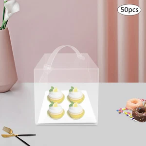 50 Pcs Clear Cake Boxes, Square Clear Cake Boxes, Cake Carrier with Handle - Picture 1 of 8