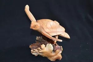 Sea Turtle Statue Parasite Wood Carving by Hand Bali Sealife sculpture 5"x6"" - Picture 1 of 6