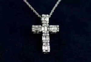 2Ct Baguette Cut Lab Created Diamond Women's Cross Pendant 14K White Gold Plated - Picture 1 of 5