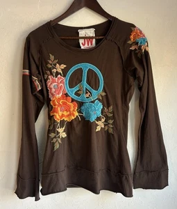 Vintage Y2K Johnny Was JW LA Embroidered Long Sleeved Top M Bell Sleeve Peace - Picture 1 of 6