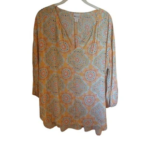 Stylus Yellow Orange Sunburst Floral V Neck Top With Front Seam 3/4 Sleeves... - Picture 1 of 8
