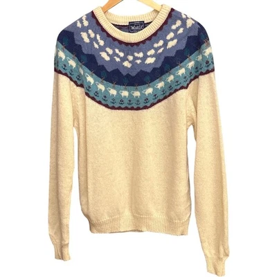 Woolrich Woman 90s Hong Kong Wool Sheep Yoke Sweater Cream Blue Scenic Knit L - Image 1 of 4