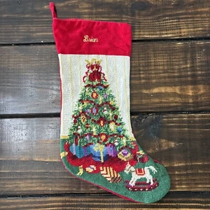 Vtg Needlepoint Christmas Tree Stocking Lillian Vernon velvet Red Back “Brian” - Picture 1 of 9