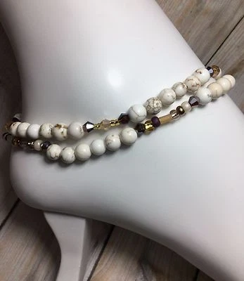 (2 )Handmade Howlite Gemstone Anklet/Ankle Bracelets W/Swarovski Elements USA - Image 1 of 3