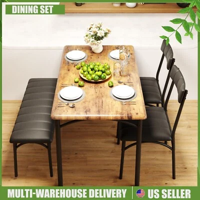 4Pcs Dining Set for 4 Table and Upholstered Bench Chairs Wood Top Small Kitchen - Image 1 of 4