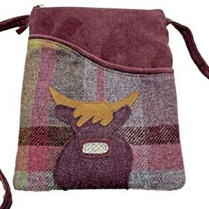 Borsa a tracolla Earth Squared Fair Trade tartan tweed imbracatura viola mucca delle Highlands - Foto 1 di 8