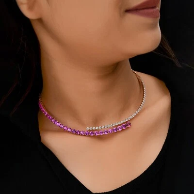 Pink Sapphire H/SI Diamond Choker Necklace Gift 14k Rose Solid Gold 16.72 Tcw - Image 1 of 4