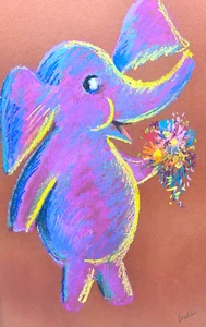 ELEFANT MIT STRAUSS Rosalind Welcher signiert Original Kunst um 1960-70er Panda Drucke - Bild 1 von 8