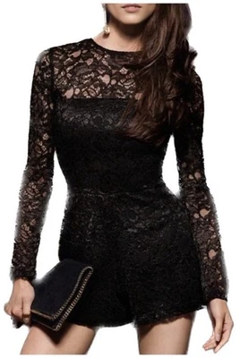 Mameluco Alexis Mujer Encaje Manga Larga Talla Pequeña Negro Semi Transparente Floral Midi Foto 1 de 4