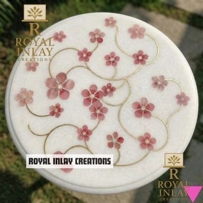 Tampo de mesa de mármore embutido à mão com design floral rosa 21" - Imagem 1 de 4