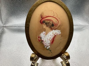 ANTIQUE ARTIST SIGNED LILLIAN WOOLSEY HUNTER VICTORIAN LADY WATERCOLOR PRINT - Picture 1 of 5