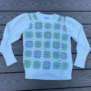 Design History kleiner creme lila grün Granny Core Pullover gehäkelt geometrisch - Bild 1 von 4