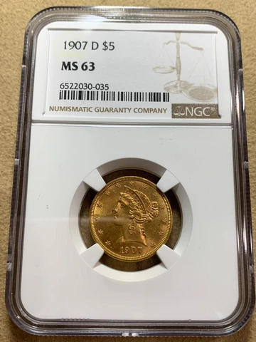 1907 D $5 Gold Half Eagle Liberty Head NGC MS 63 Cover