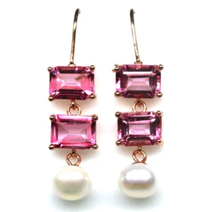 Orecchini In Topazio Mistico Rosa E Perla Bianca In Argento 925 Oro Rosa - Foto 1 di 4