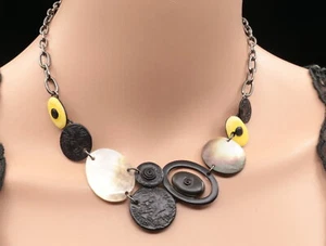 NEW oval enamel black print shell choker gunmetal plated necklace jewelry S91 - Picture 1 of 10