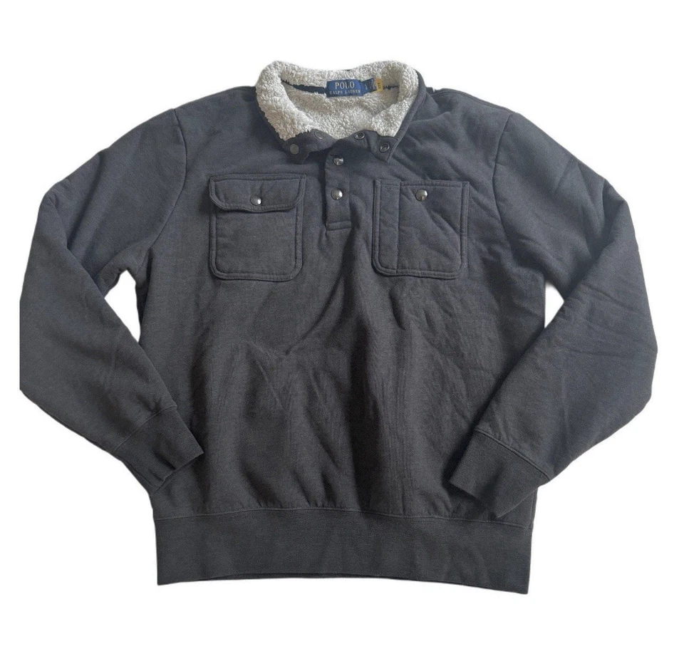 Polo Ralph Lauren 男式 L 灰色夏尔巴内衬四分之一扣套衫羊毛 — 第 1/4 张图片