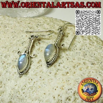 Orecchini in argento 925 ‰  lungo con pietra di luna arcobaleno a navetta - Immagine 1 di 4