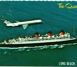 The Queen Mary Flyover From Douglas DC-9 40 Jet Long Beach CA Vintage Postcard - Picture 1 of 4