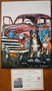 Painting Auto Rusty Car 2 Dogs 40x30cm mounted canvas Acrylic Ready to hang OOAK - Picture 1 of 2