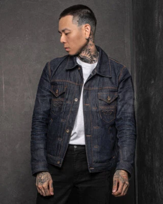 Denim con ribete Bluejay: chaqueta de camionero para hombre, chaqueta estilo occidental, estilo motociclista. Foto 1 de 4