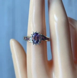 Anillo en racimo de amatista y diamantes de oro amarillo de 9 quilates de 1,5 quilates, talla P del Reino Unido, talla 56 de la UE - Imagen 1 de 6