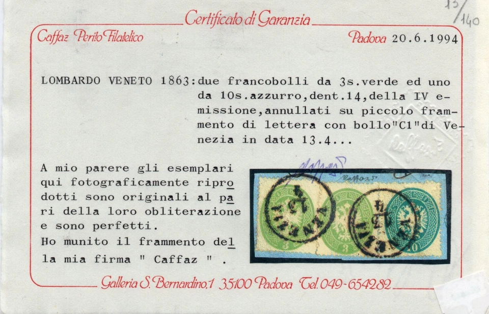 1863 Lombardo veneto frammento 3+3+10 soldi 1864 Venezia Cert. Caffaz - Immagine 1 di 1
