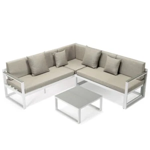LeisureMod Chelsea Modern White 3 Piece Outdoor Aluminum Sectional Beige - Picture 1 of 16