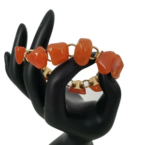 Orange Carnelian Chunky Bracelet Agate Stone Gold Tone Box Close 6 3/4" - Picture 1 of 9