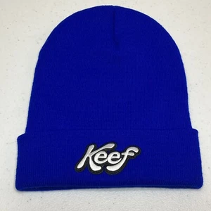 Keef Blue Beanie Hat Embroidered Fold Over Brim Knit Acrylic - Picture 1 of 9
