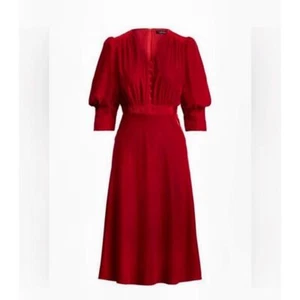 Ralph Lauren Velvet Puff Sleeve Dress 3/4 Sleeve Midi Holiday Red Size 2 US NWT - Picture 1 of 9