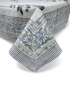 Indian Hand block Print Tablecloth 100%Cotton Floral Rectangular 60*90Inch White - Picture 1 of 6